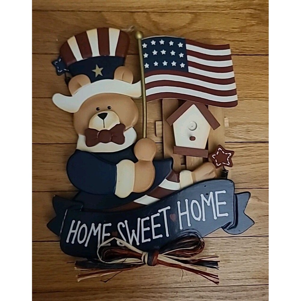 Avon*Home Sweet Home Patriotic Bear 4th of July 3D Wall Or Door Hanging 2003 Vtg